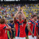 Erling Haaland celebra un gol de Noruega en el Mundial 2026 ante Brasil