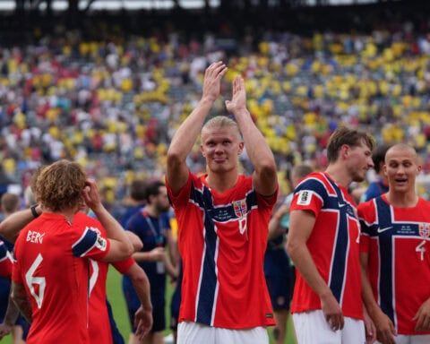 Erling Haaland celebra un gol de Noruega en el Mundial 2026 ante Brasil