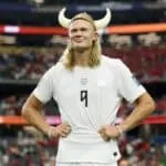 Haaland celebra un gol de Noruega antes del cuarto de final Noruega vs Inglaterra