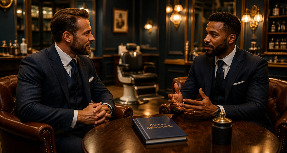 aisance relationnelle hommes en discussion professionnelle