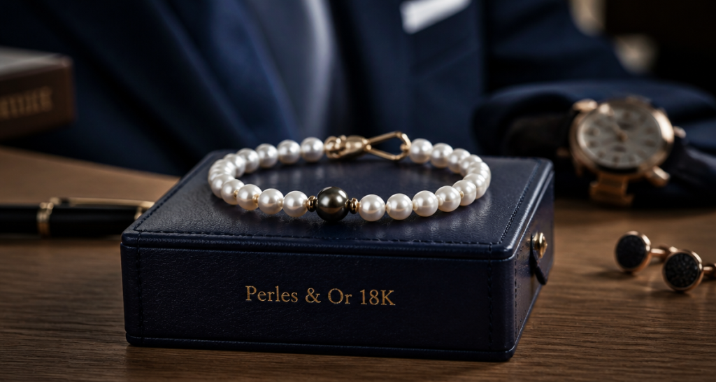 bracelet en perle de culture luxe sur écrin bleu