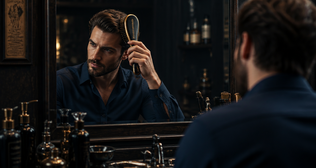 Homme utilisant brosse magique pour démêler cheveux