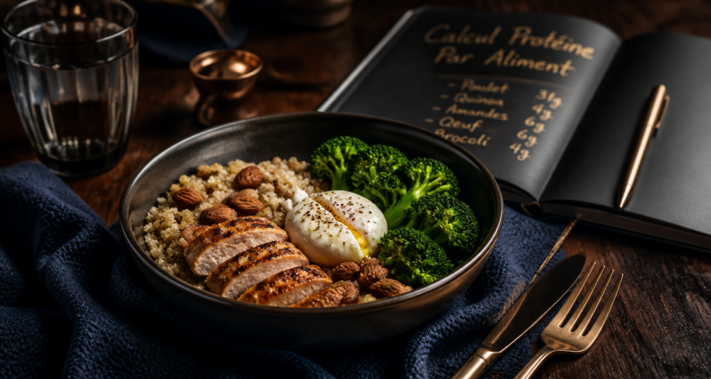 calcul proteine par aliment bol quinoa poulet œuf brocolis