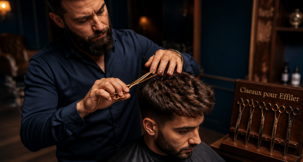ciseaux pour effiler cheveux utilisés par coiffeur homme