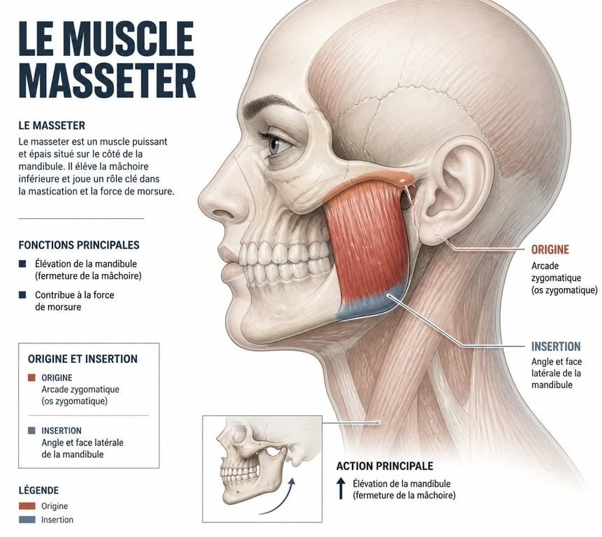 Schéma anatomique du muscle masséter pour comprendre comment se muscler la mâchoire