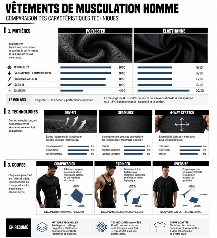 Infographie comparative des vêtements de musculation pour homme : matières techniques et coupes pour la performance