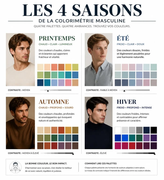 Infographie des 4 saisons de la colorimétrie homme pour choisir ses vêtements