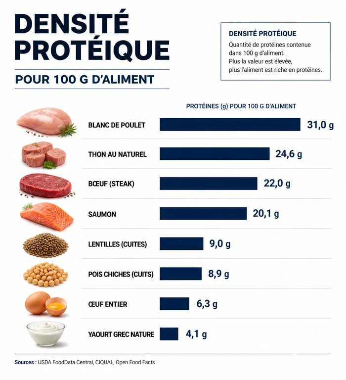 Infographie des teneurs en protéines par aliment pour le calcul nutritionnel