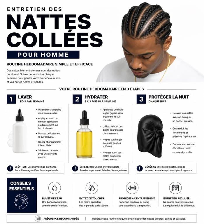 Infographie entretien nattes collées homme routine hebdomadaire