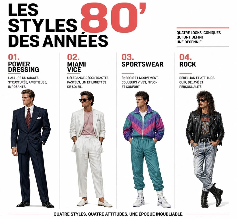 Exemples de tenues années 80 pour homme : Power Dressing, Miami Vice, Sportswear et style Rock.
