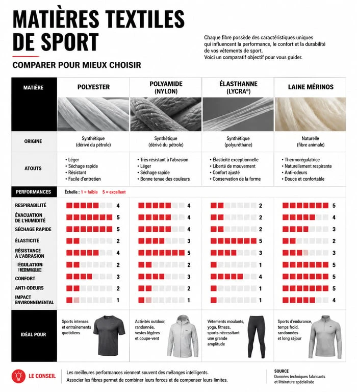Infographie comparative des matières techniques pour vêtement pour salle de sport
