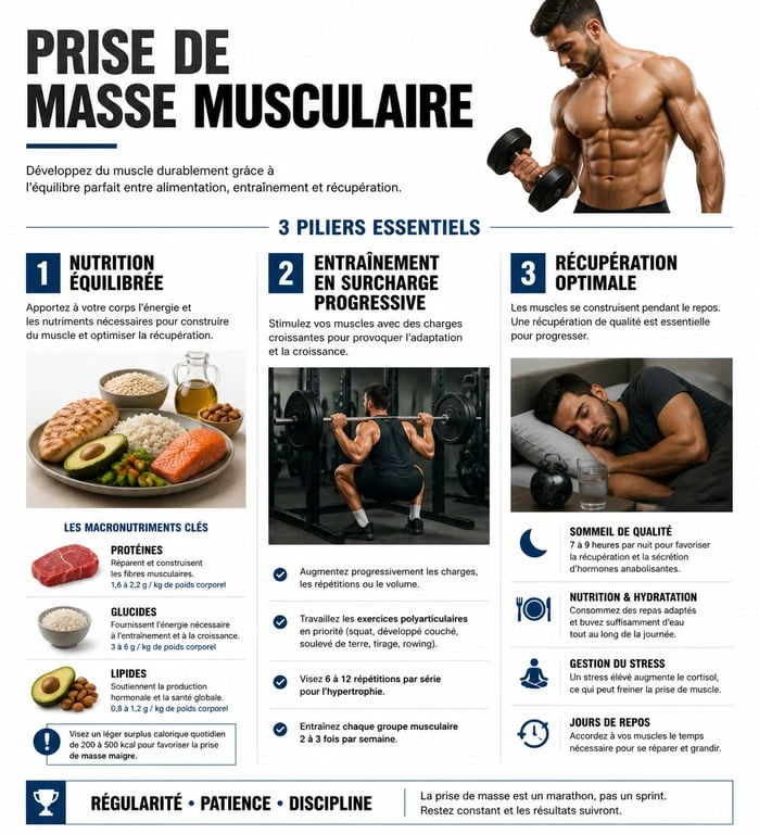 Infographie des piliers de la prise de masse musculaire : nutrition, entraînement et récupération