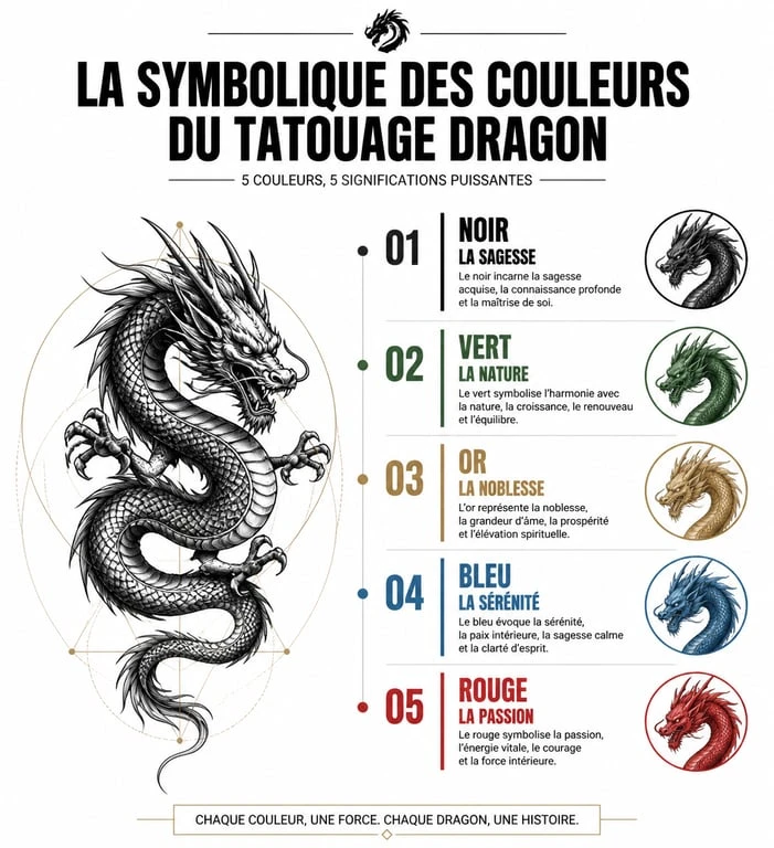 Infographie sur la signification des couleurs dans le tatouage dragon : symbolique et attributs