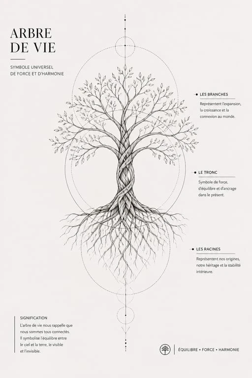 Tatouage arbre de vie symbolisant la famille, style fine line élégant