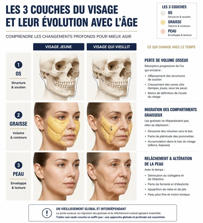 Schéma explicatif du vieillissement de l'ovale du visage et relâchement cutané