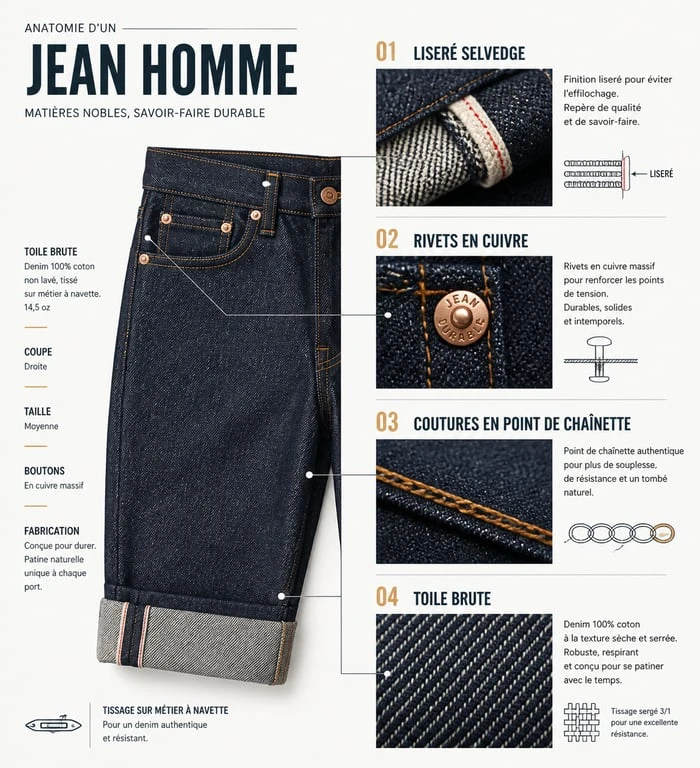 Anatomie d'un jean homme de qualité avec détails techniques selvedge et finitions