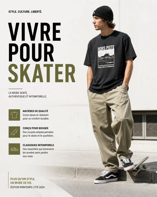 Look skateur homme moderne avec chino et chaussures de skate