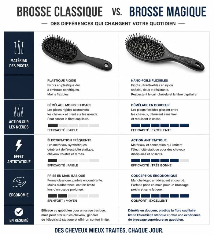 Infographie comparative des avantages d'une brosse magique par rapport à une brosse classique pour le démêlage des cheveux.