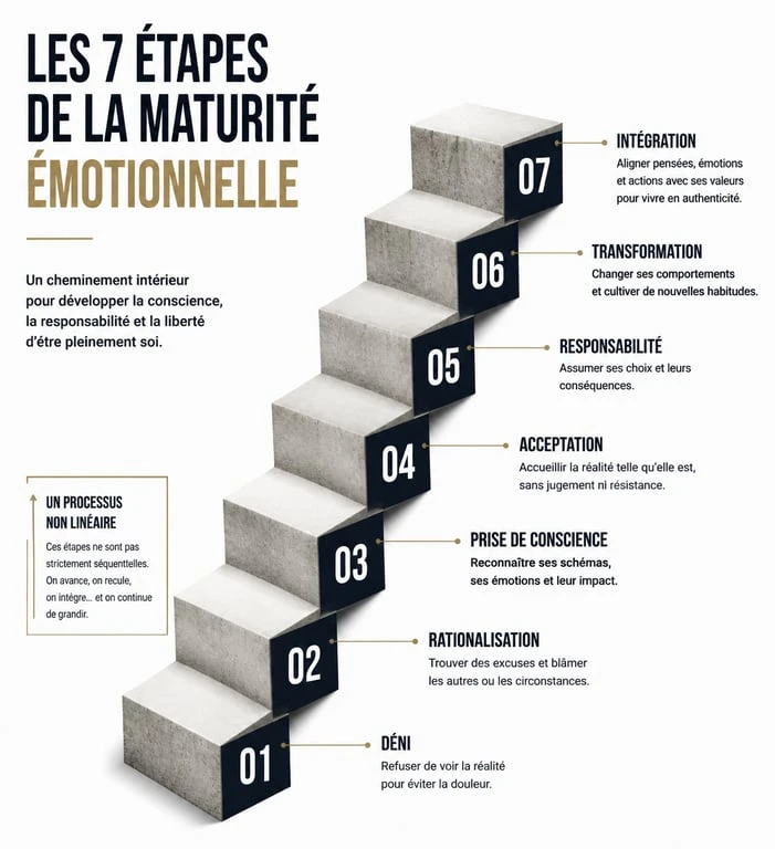 Infographie des 7 degrés de la maturité émotionnelle, du déni à l'intégration.