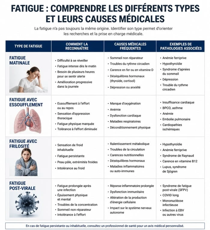 Infographie comparative des causes de fatigue et manque d'énergie pour identifier les signaux d'alerte.
