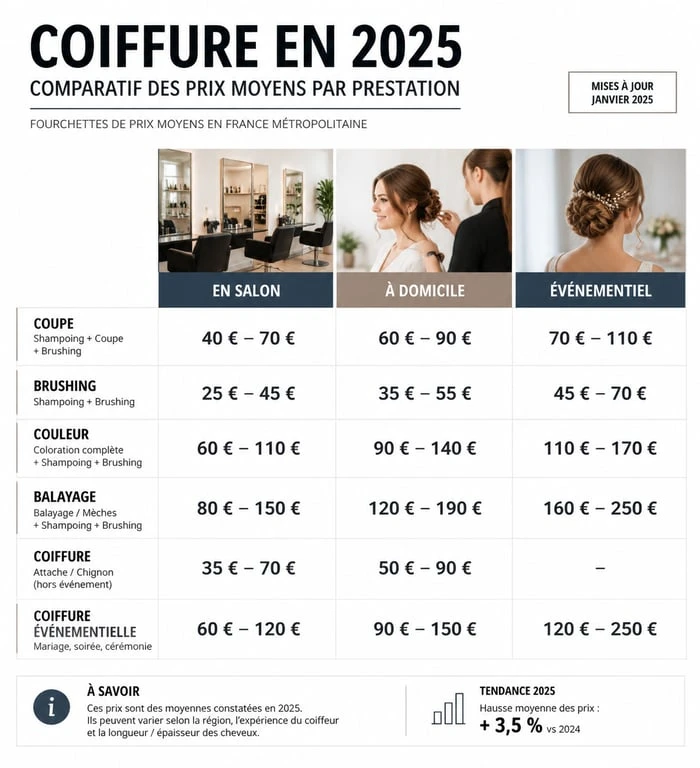Infographie des tarifs coiffure 2025 : comparaison des prix en salon, à domicile et pour des prestations événementielles.