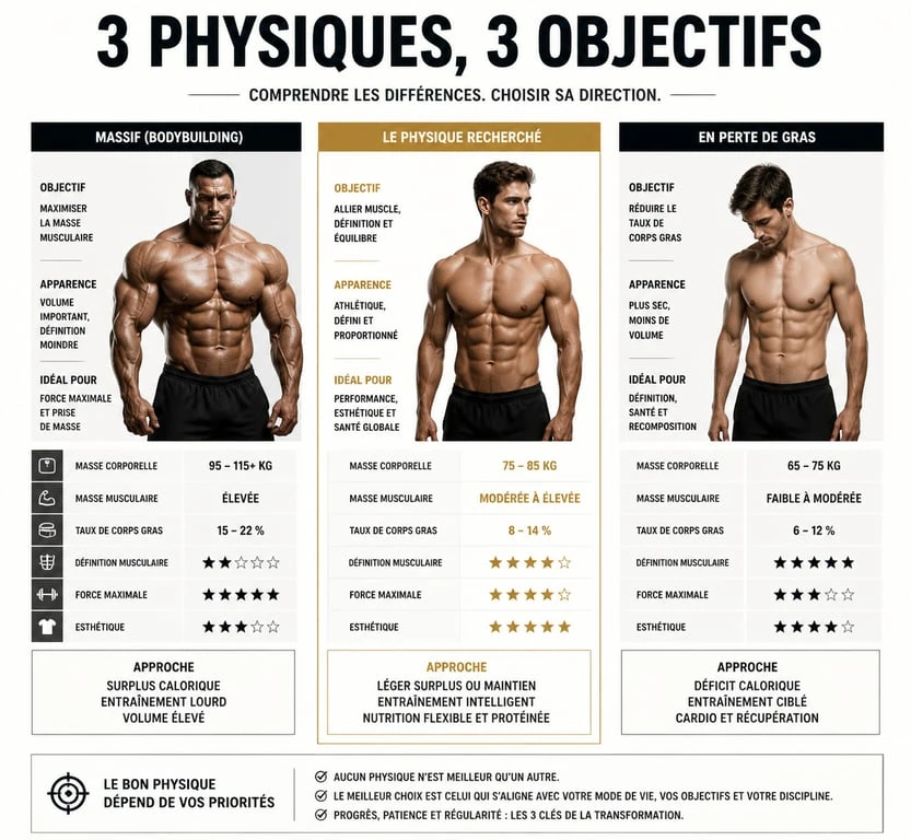 Comparatif visuel des silhouettes : bodybuilding, physique athlétique et perte de gras pour un mec musclé mais pas trop