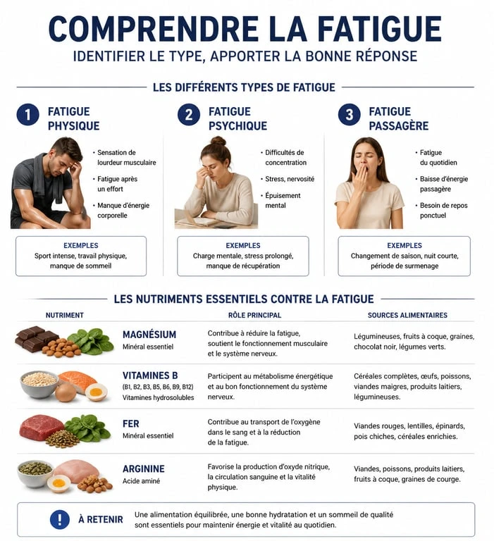 Infographie des actifs et médicaments contre la fatigue selon les symptômes