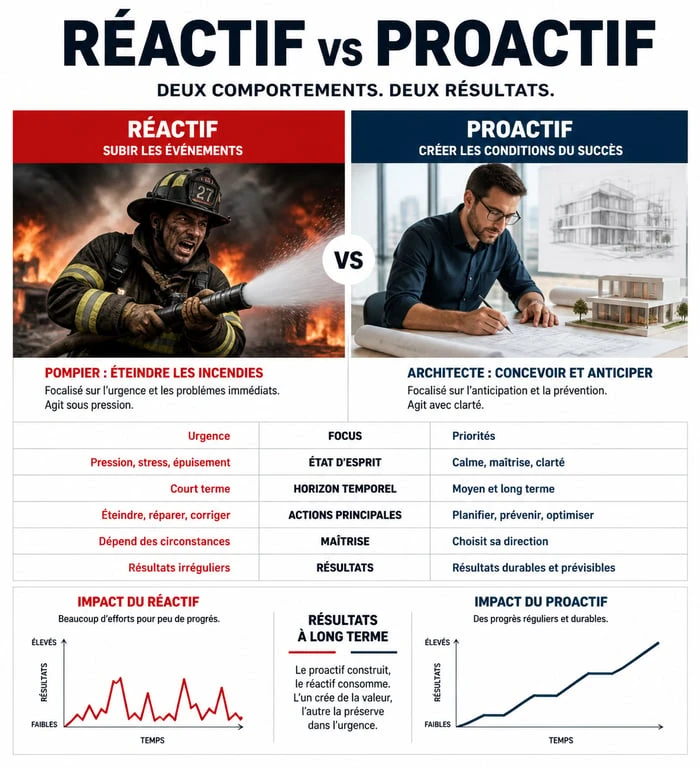 Infographie comparative entre le comportement proactif et réactif au travail