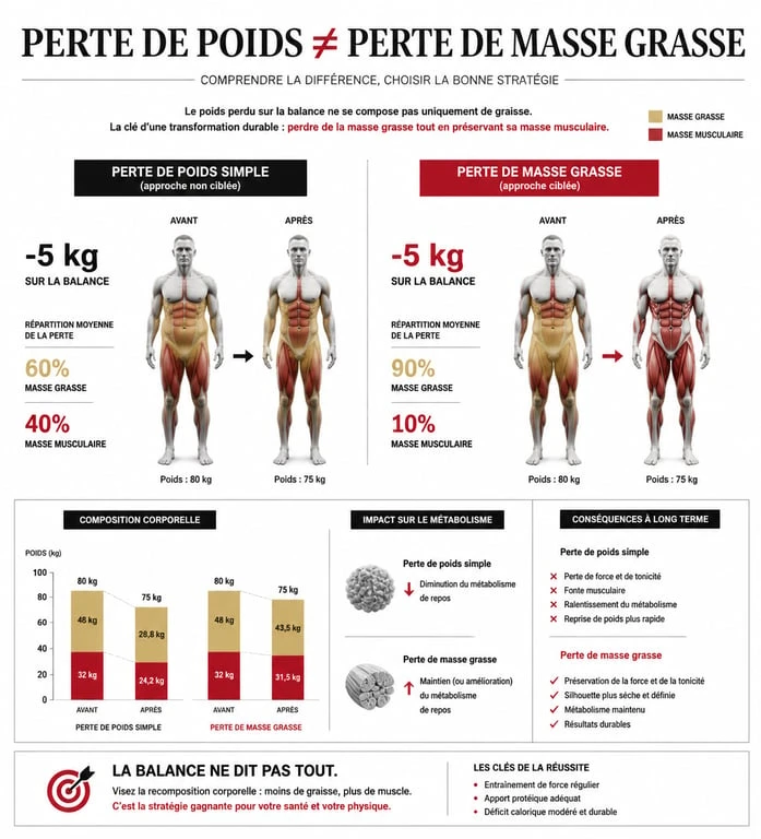 Infographie sur la composition corporelle et la perte de poids saine avant et après un régime