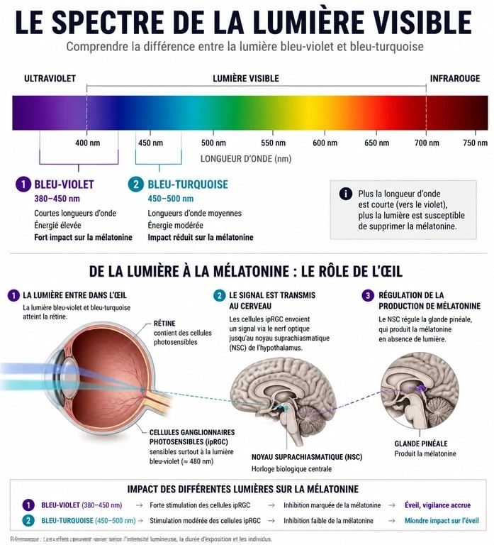 Infographie expliquant l'efficacité des lunettes anti-lumière bleue sur le spectre lumineux et le sommeil