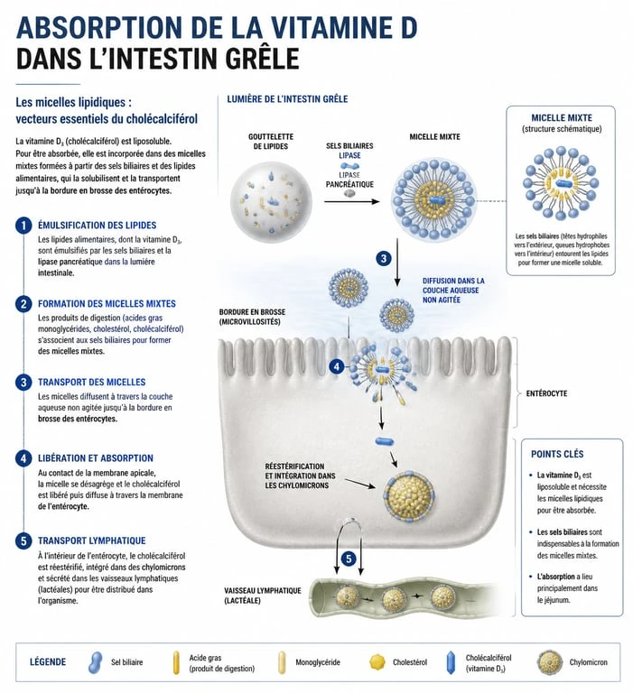 Infographie expliquant l'absorption de la vitamine D avec les lipides alimentaires pour une efficacité maximale