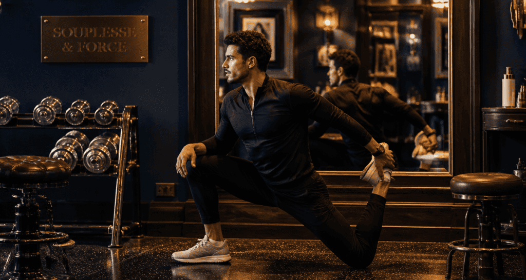 étirements musculation homme gym miroir