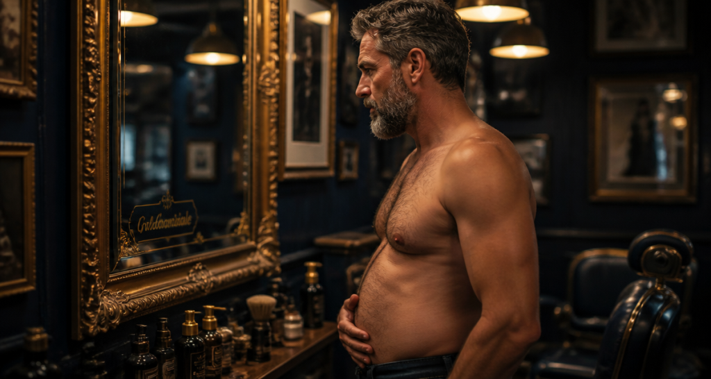 graisse sur le ventre homme devant miroir