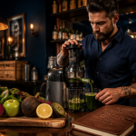 Homme prépare un jus detox pour le foie avec légumes frais