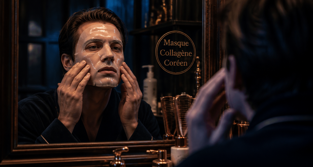 masque raffermissant au collagène coréen avis homme devant miroir