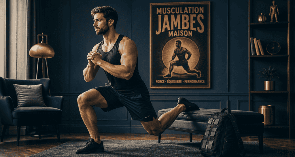 Musculation jambes maison : homme squat bulgare salon