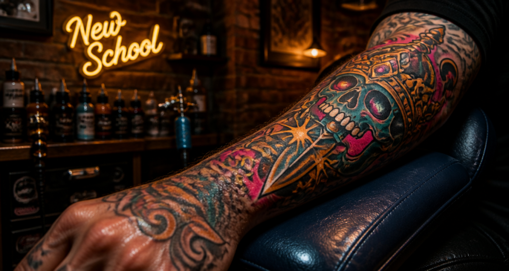 tatouage new school coloré sur bras masculin