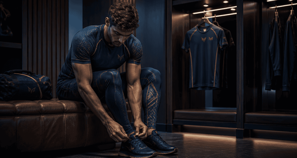 Homme en vetement pour salle de sport bleu et or dans vestiaire
