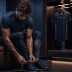Homme en vetement pour salle de sport bleu et or dans vestiaire