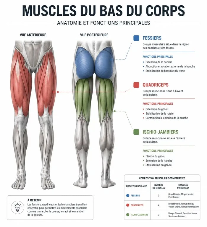 Schéma anatomique des muscles pour muscler fesses et cuisses