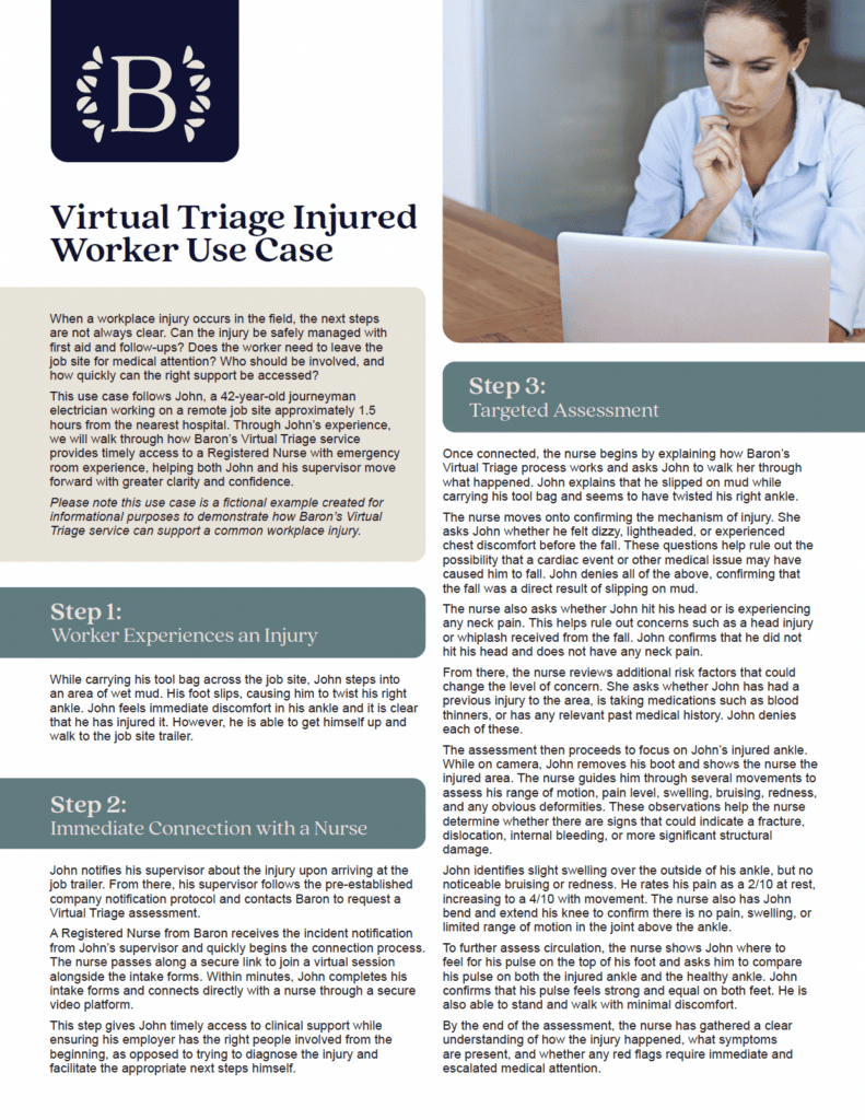 Healthcare professional analyzing patient data on a laptop for injury triage.