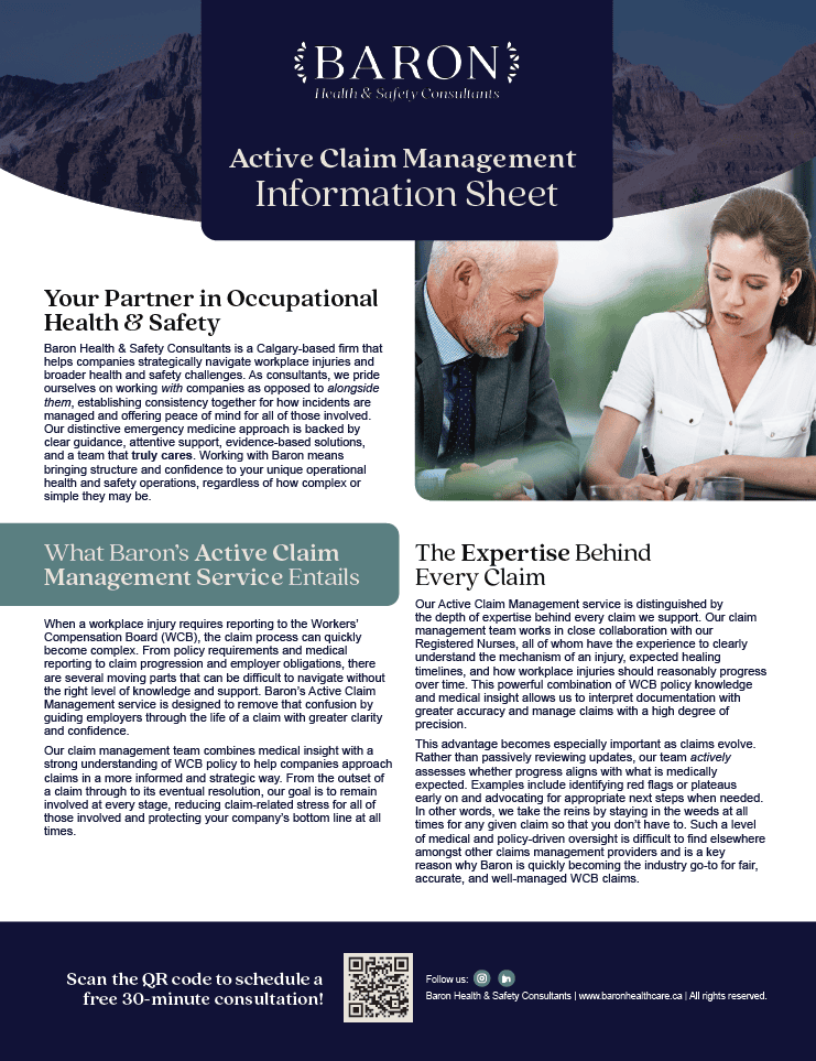 Active Claim Management information sheet for occupational health and safety.