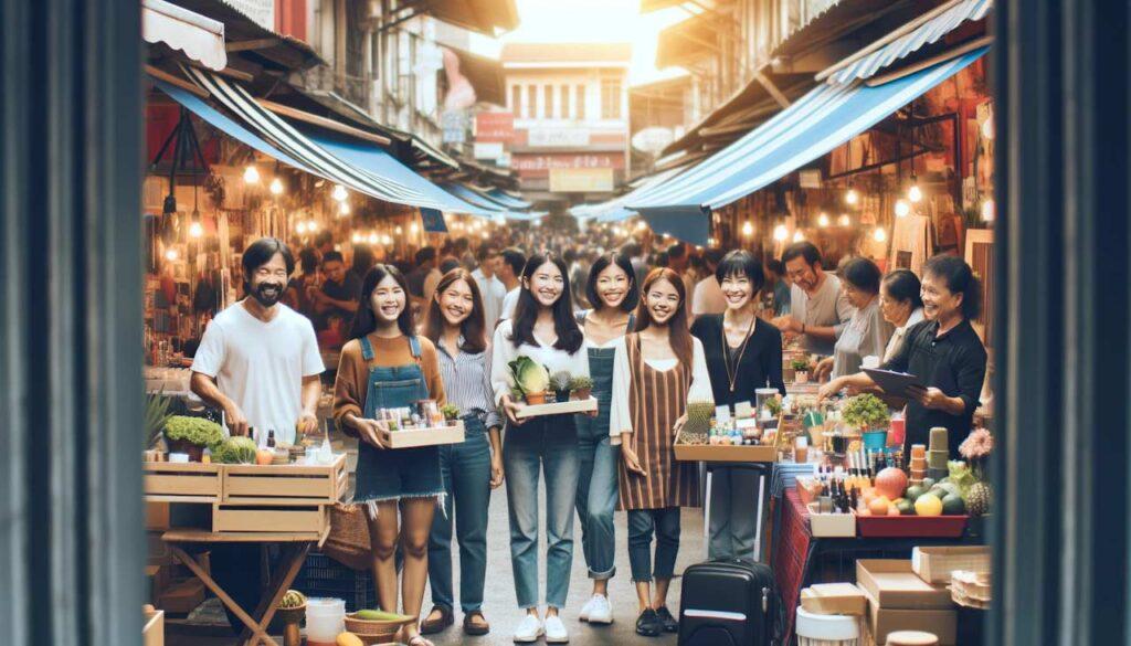 bustling market with happy customers showing their customer loyalty to the shops
