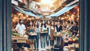 bustling market with happy customers showing their customer loyalty to the shops