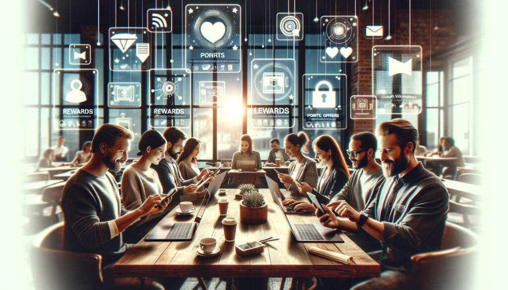 group of people accessing cutomer loyalty programs on mobiles