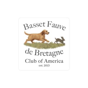 Basset Fauve dog chasing a rabbit, club emblem.