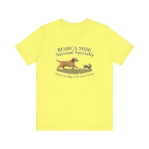 Yellow shirt with dog and rabbit design.