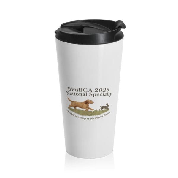 Travel mug with 2026 dog event design.