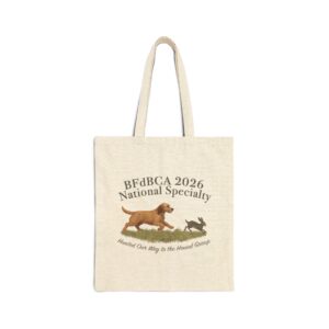Tote bag with dog and rabbit graphic.