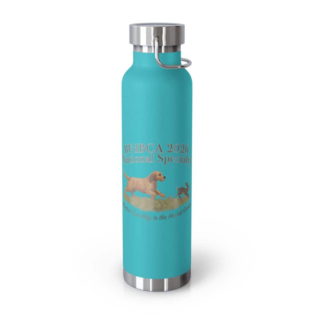 Teal water bottle with dog graphic, special event logo.